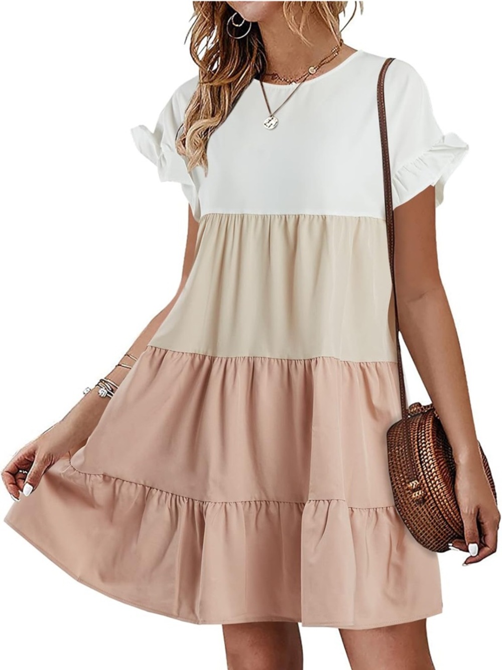 Colorblock Tiered Mini Dress in White, Cream & Blush